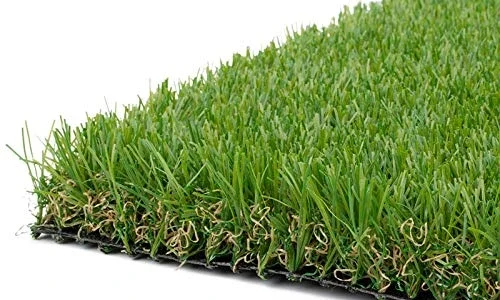 Close-up view of artificial grass mat showing realistic green blades and durable backing for home or garden use.