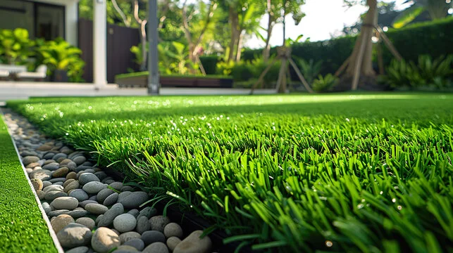 Close-up of artificial grass lawn with decorative pebbles in a modern backyard garden.