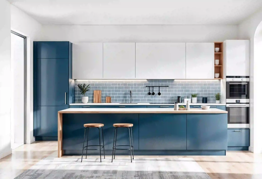 Modern-kitchen-design-with-blue-white-cabinets