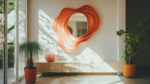 Modern interior space styling with an orange artistic mirror, potted plants, and natural sunlight enhancing the design.