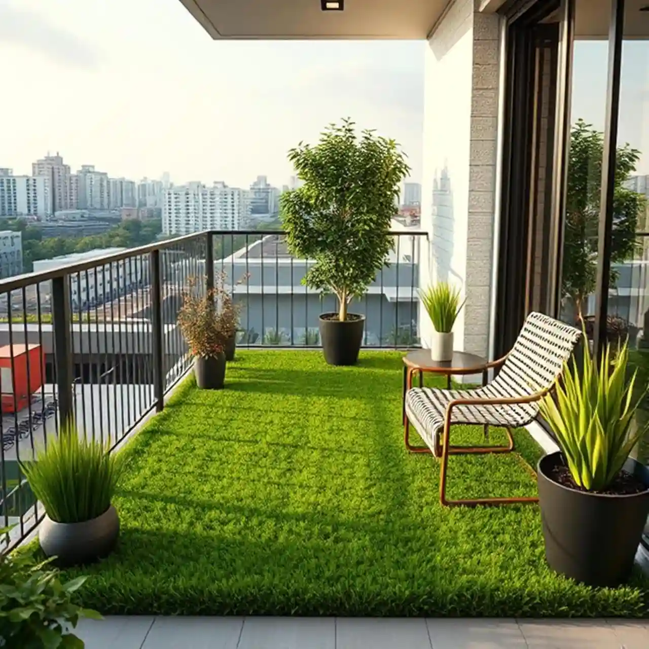 Modern balcony decorated with artificial grass flooring, potted plants, and outdoor seating overlooking city skyline.