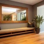 "Mirror and glass interior design with wooden frame mirror, bench, and indoor plant."