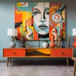 Modern entryway with colorful abstract wall art, vibrant décor pieces, and stylish lamps.