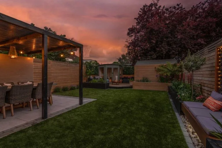 sun set and artificial grass back yard garden.