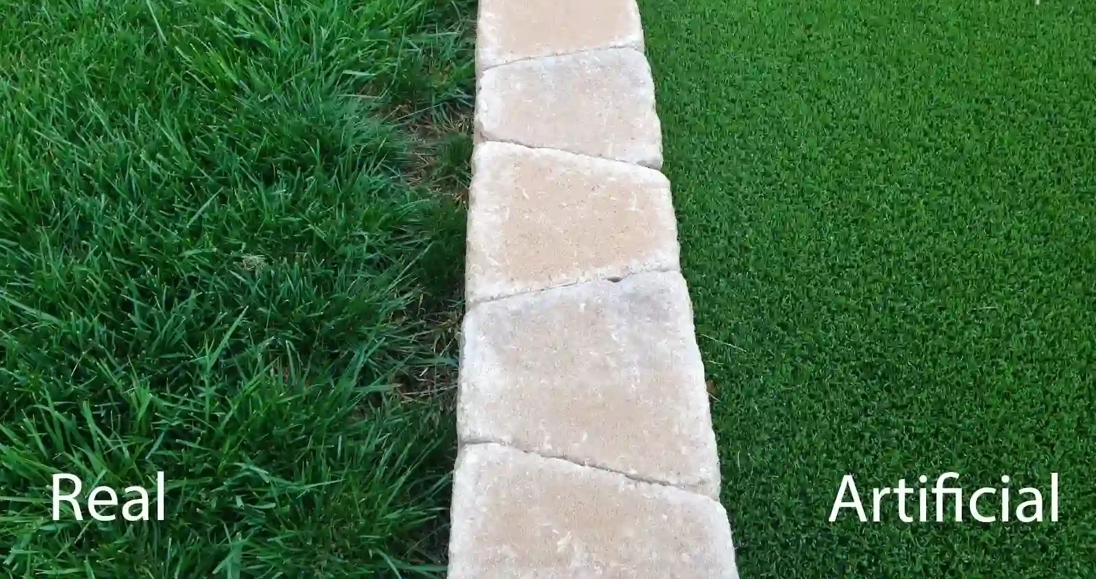 left side has real grass and right side has artificial grass and a small brick wall differentiate them