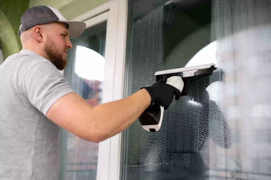 Spraying homemade vinegar and water mixture on mirror for streak-free cleaning.”