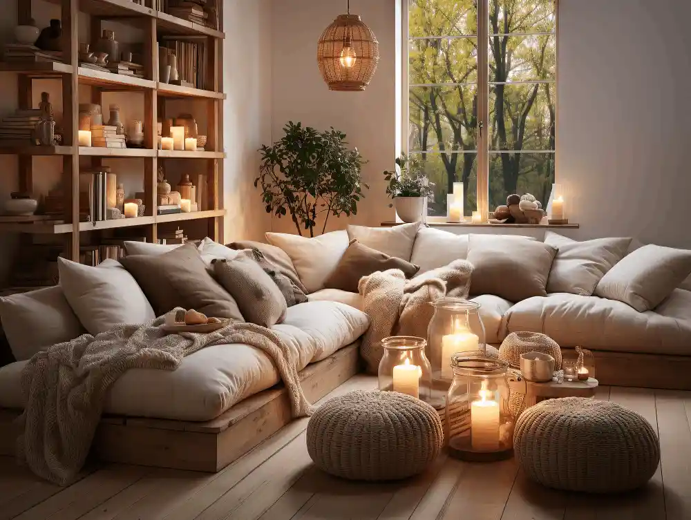 Cozy living room with floating shelves and sofa bed