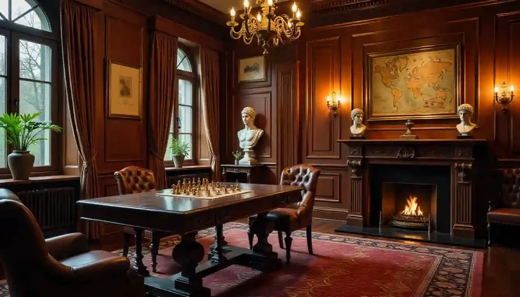 Sturdy wooden gaming table in cozy game room with board games and accessories