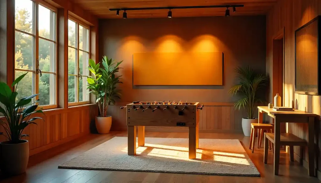 Wooden wall panels creating a rustic accent in a modern game room
