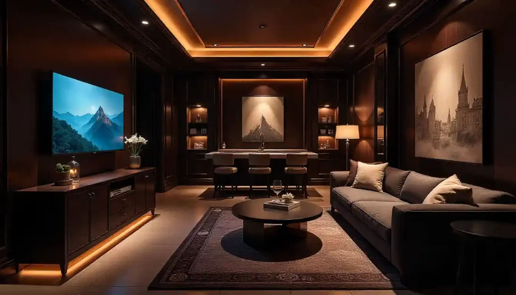 Wooden wall panels creating a rustic accent in a modern game room