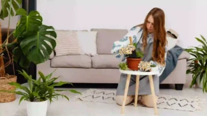 front view woman planting home