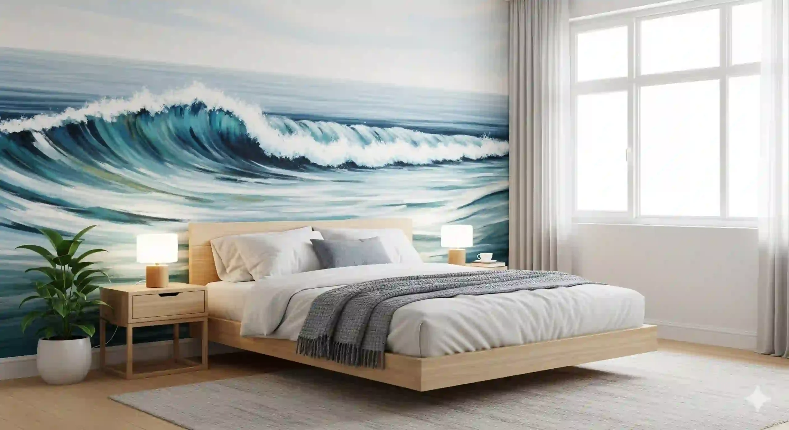 Ocean waves wall painting in bedroom