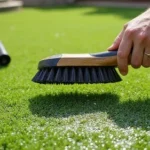 Person cleaning artificial grass with a brush and garden hose, showing proper method to disinfect and maintain synthetic turf.