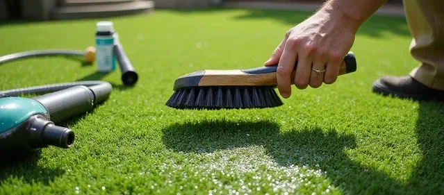 Person cleaning artificial grass with a brush and garden hose, showing proper method to disinfect and maintain synthetic turf.