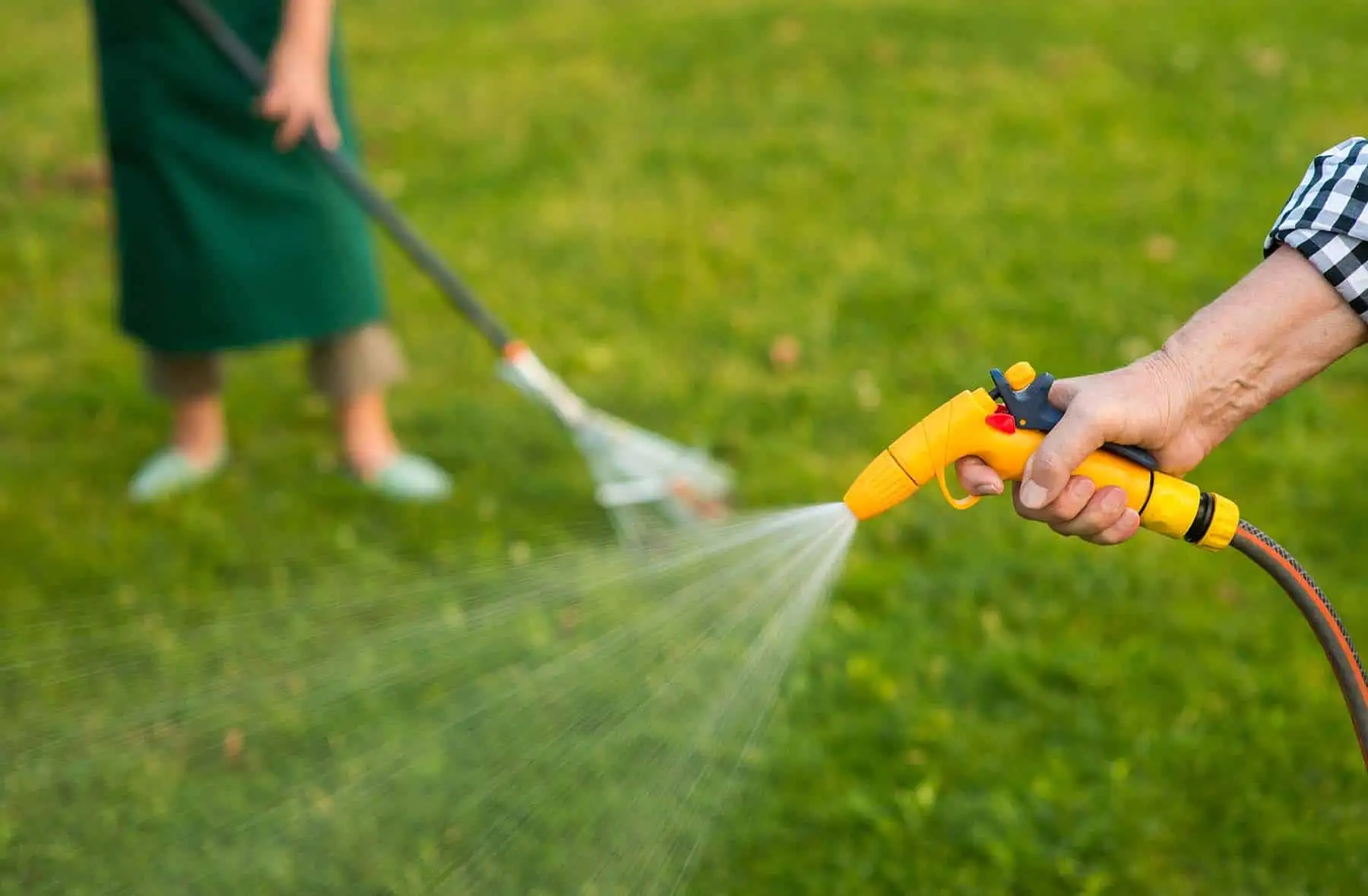 A Man is rinse throughout the artificial grass garden and a women behind is cleaning artificial grass.