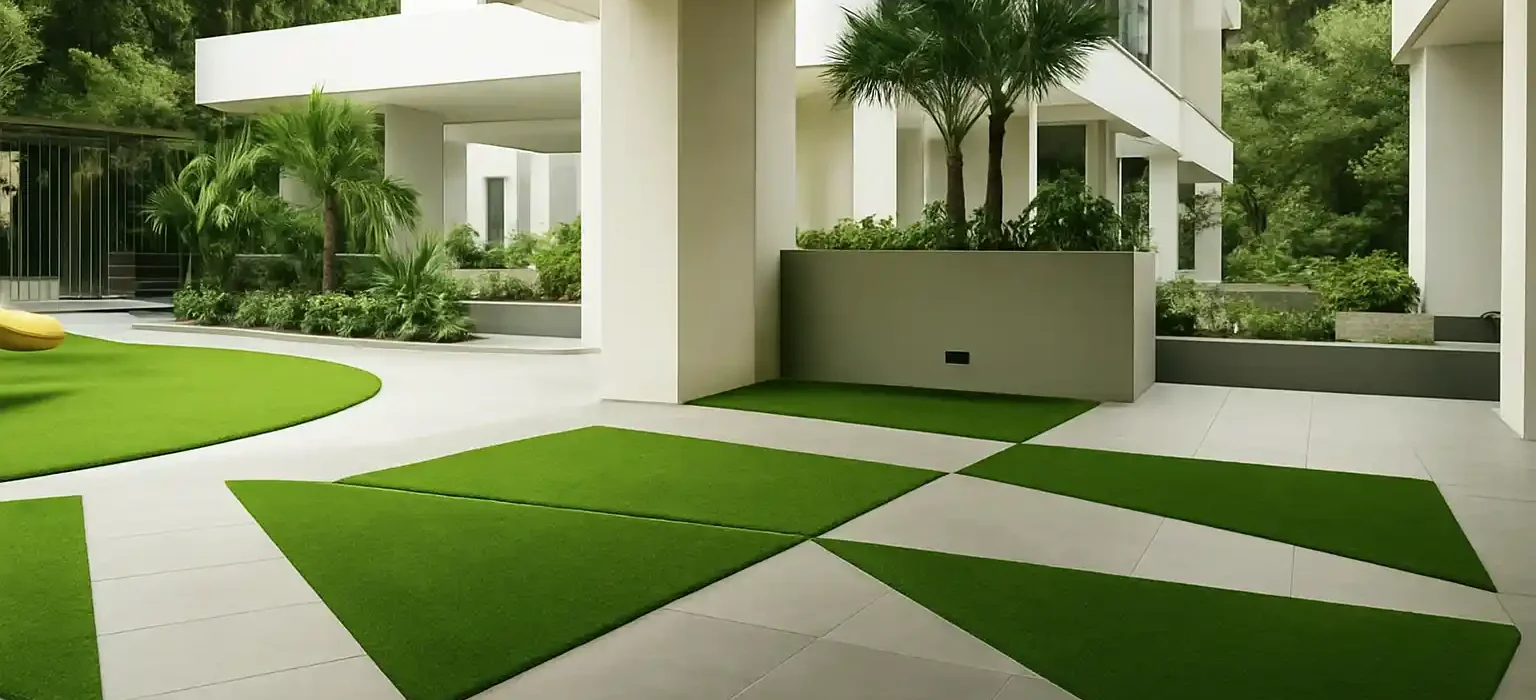 Modern courtyard design featuring triangular artificial grass sections arranged between wide tiled walkways.