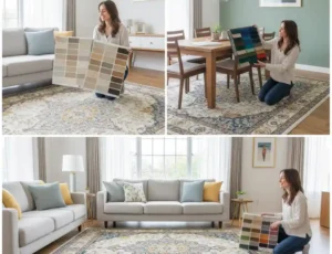 Neutral rug anchoring beige living room furniture