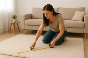 “Woman measuring a rug in a living room.”