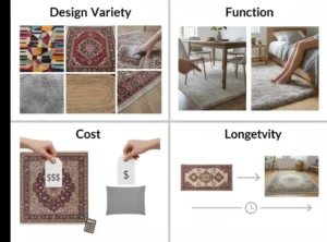 Rug characteristics: design, function, cost, longevity.
