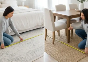 “Bedroom and dining rugs shown in split view.”