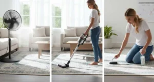 "Woman vacuuming rug for regular cleaning routine."